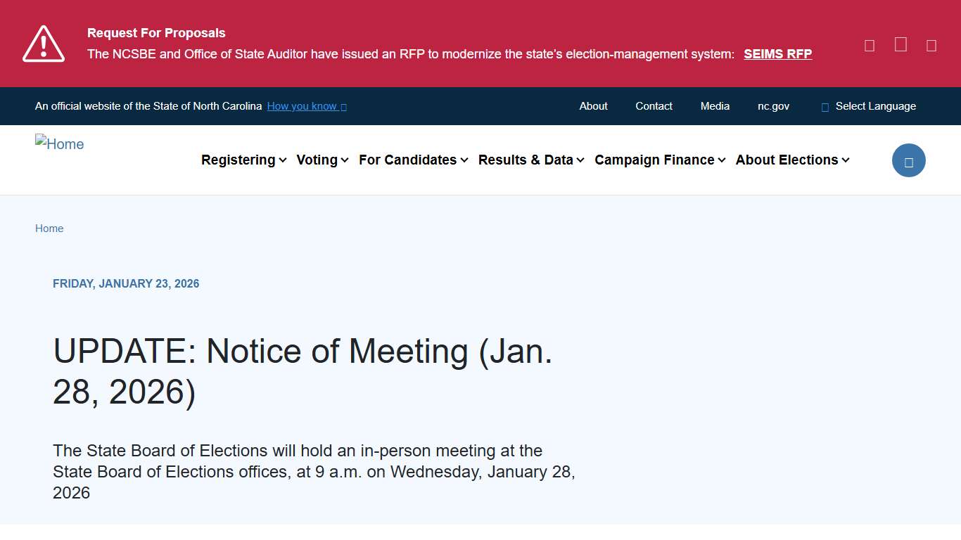 UPDATE: Notice of Meeting (Jan. 28, 2026) NCSBE